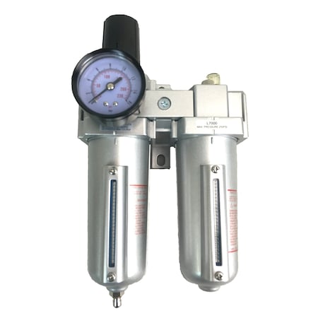 3/4" NPT HEAVY DUTY Compressed Air In Line Filter Regulator Lubricator Oiler Combo Piggyback, Metal Bowl, 5 Micron Element, Adjustable From 7 to 215 PSI (MANUAL DRAIN)